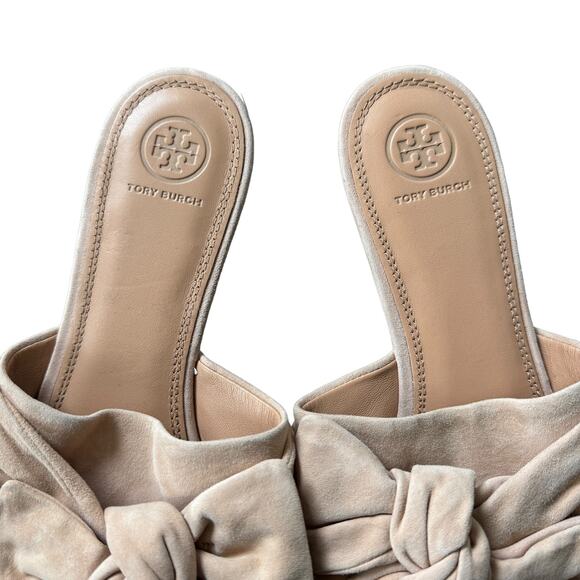 Tory Burch Annabelle Bow Accent Slides Beige Suede - Picture 4 of 7